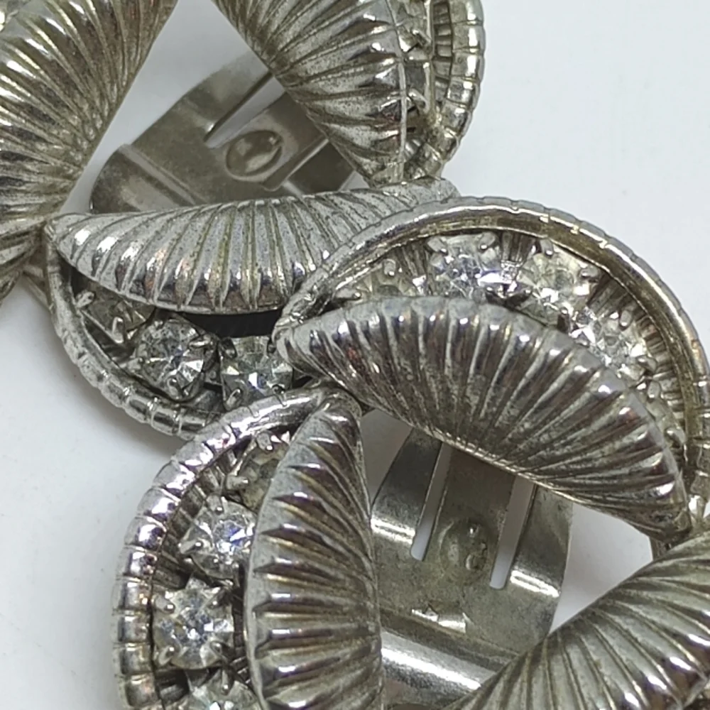* vintage textured silver tone & rhinestones clip on earrings